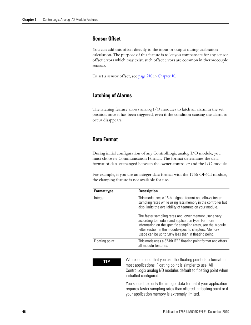 Sensor offset latching of alarms data format, Sensor offset, Latching of alarms | Data format | Rockwell Automation 1756-XXXX ControlLogix Analog I/O Modules User Manual | Page 46 / 401