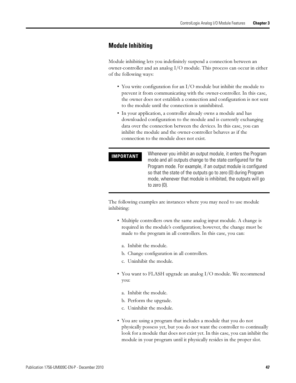 Module inhibiting | Rockwell Automation 1756-XXXX ControlLogix Analog I/O Modules User Manual | Page 47 / 401