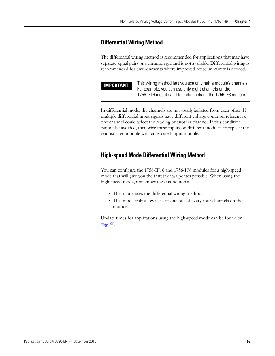 Differential wiring method, High-speed mode differential wiring method | Rockwell Automation 1756-XXXX ControlLogix Analog I/O Modules User Manual | Page 57 / 401