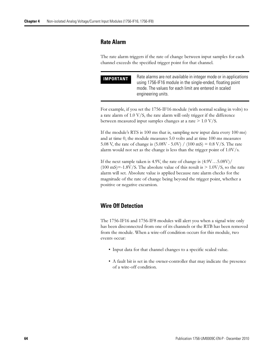 Rate alarm wire off detection, Rate alarm, Wire off detection | Rockwell Automation 1756-XXXX ControlLogix Analog I/O Modules User Manual | Page 64 / 401