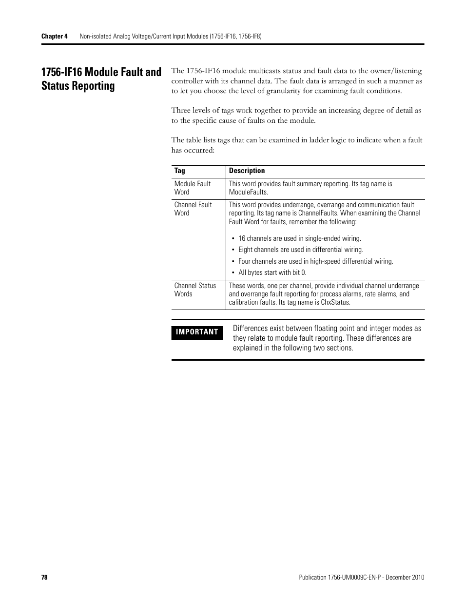1756-if16 module fault and status reporting | Rockwell Automation 1756-XXXX ControlLogix Analog I/O Modules User Manual | Page 78 / 401