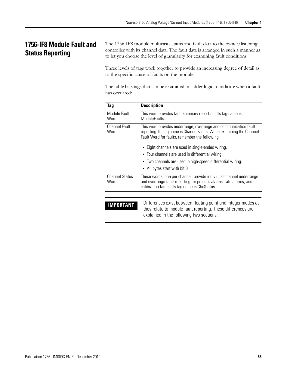 1756-if8 module fault and status reporting | Rockwell Automation 1756-XXXX ControlLogix Analog I/O Modules User Manual | Page 85 / 401