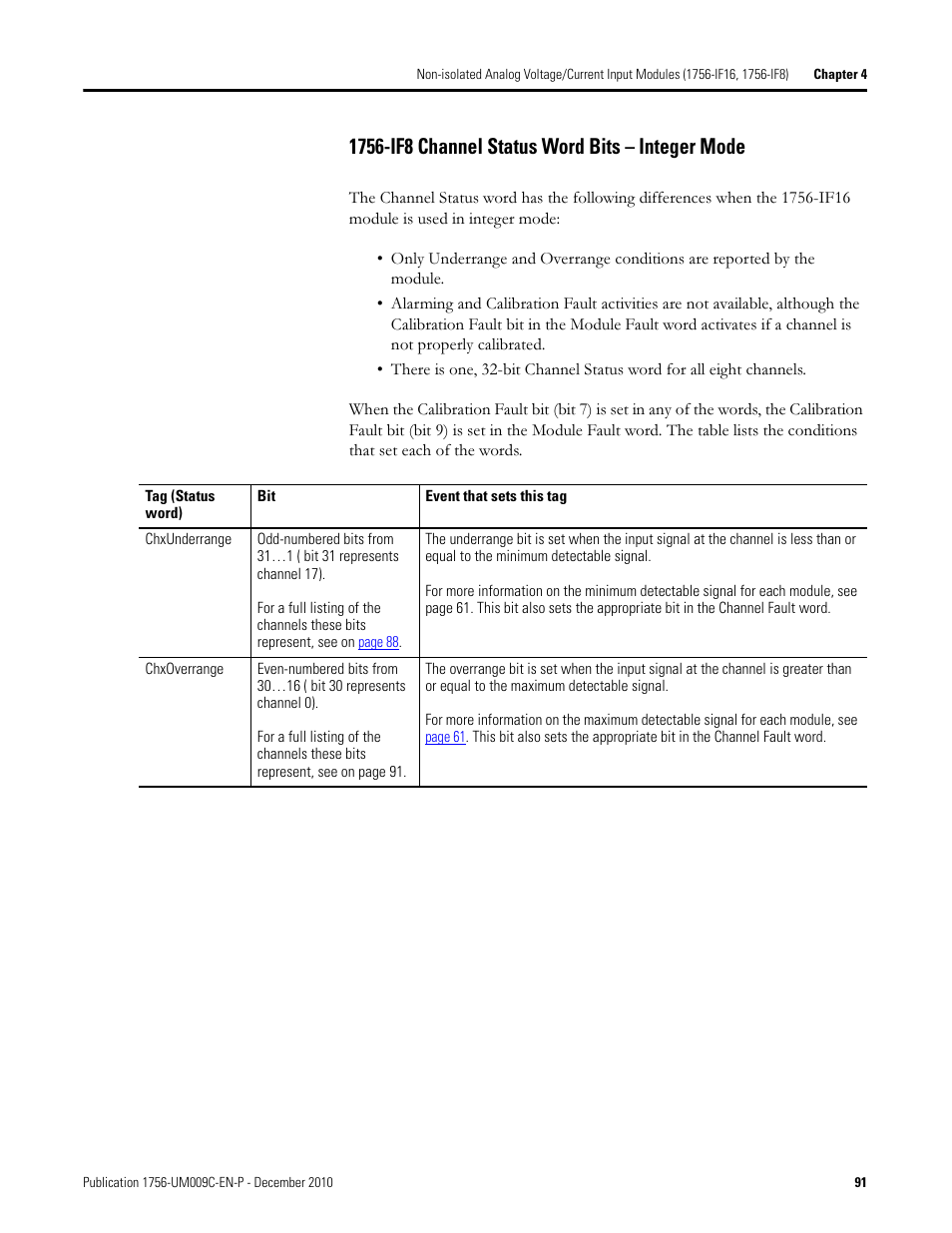 1756-if8 channel status word bits – integer mode | Rockwell Automation 1756-XXXX ControlLogix Analog I/O Modules User Manual | Page 91 / 401