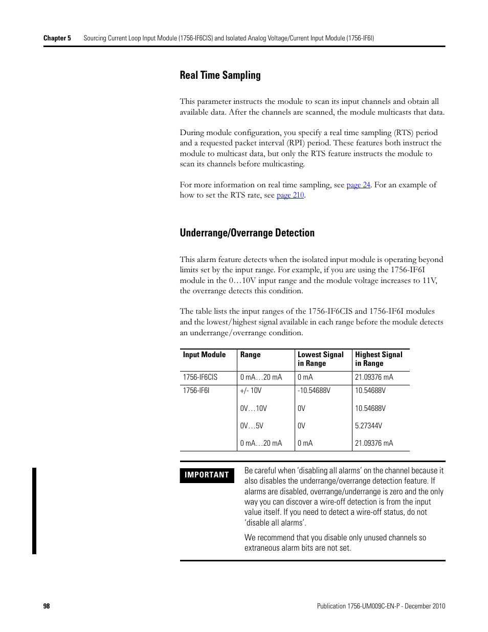 Real time sampling underrange/overrange detection, Real time sampling, Underrange/overrange detection | Rockwell Automation 1756-XXXX ControlLogix Analog I/O Modules User Manual | Page 98 / 401