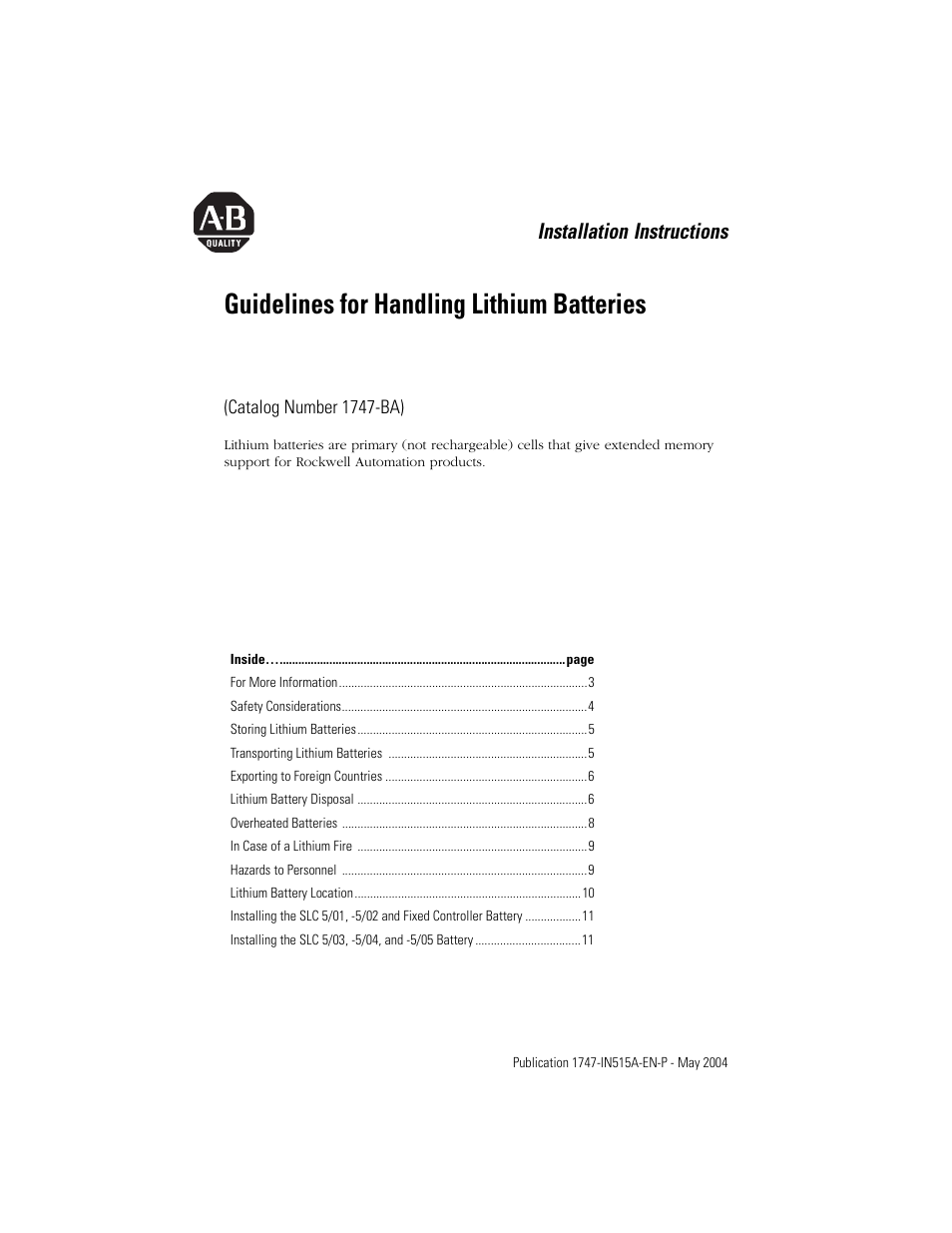 Rockwell Automation 1747-BA SLC 500 Lithium Battery User Manual | 12 pages