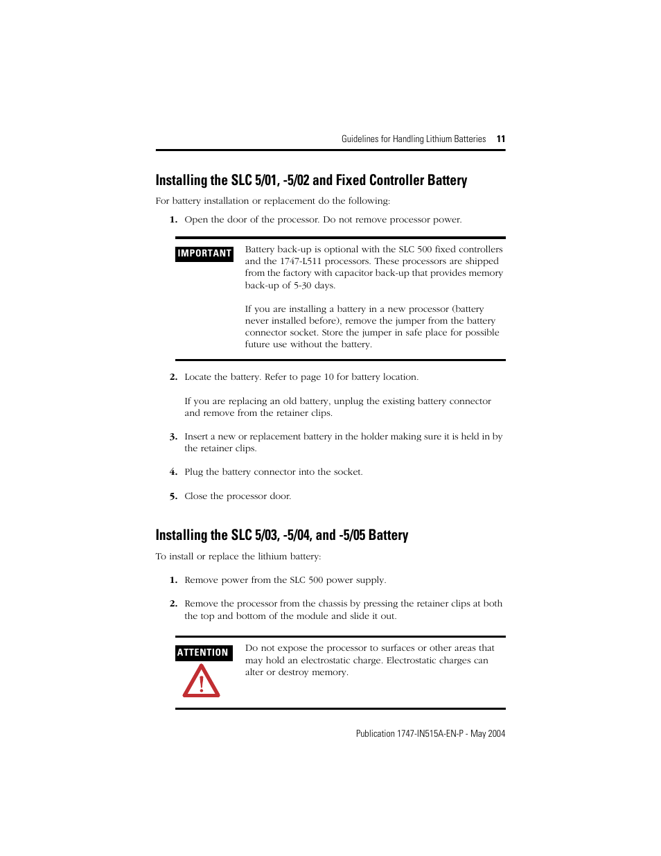 Installing the slc 5/03, -5/04, and -5/05 battery | Rockwell Automation 1747-BA SLC 500 Lithium Battery User Manual | Page 11 / 12