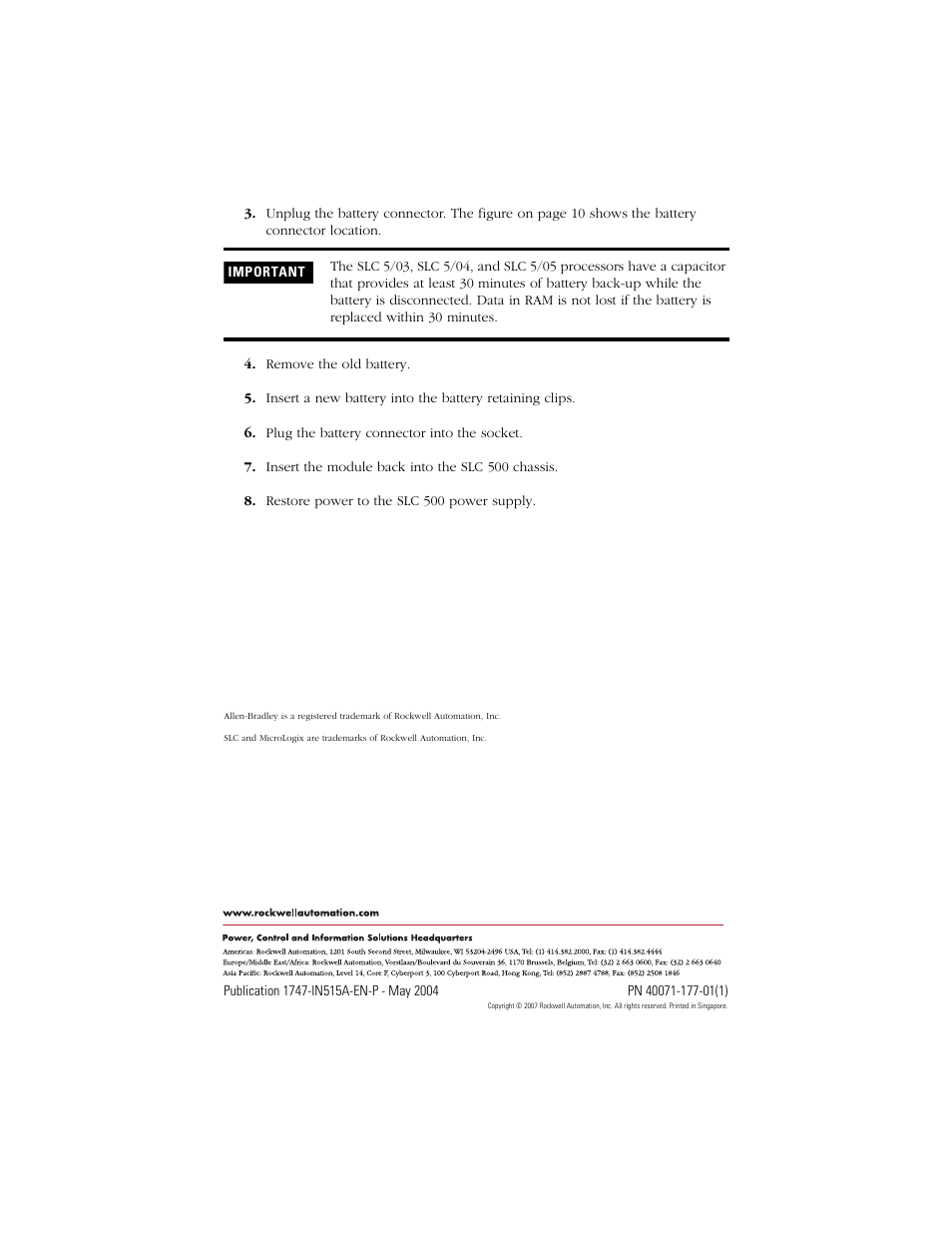 Back cover | Rockwell Automation 1747-BA SLC 500 Lithium Battery User Manual | Page 12 / 12