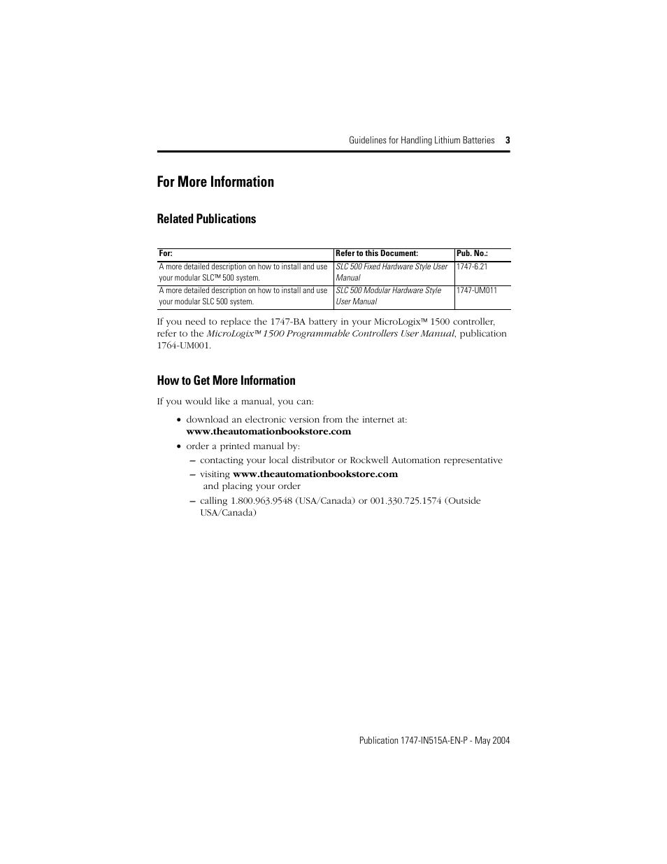 For more information, Related publications, How to get more information | Rockwell Automation 1747-BA SLC 500 Lithium Battery User Manual | Page 3 / 12