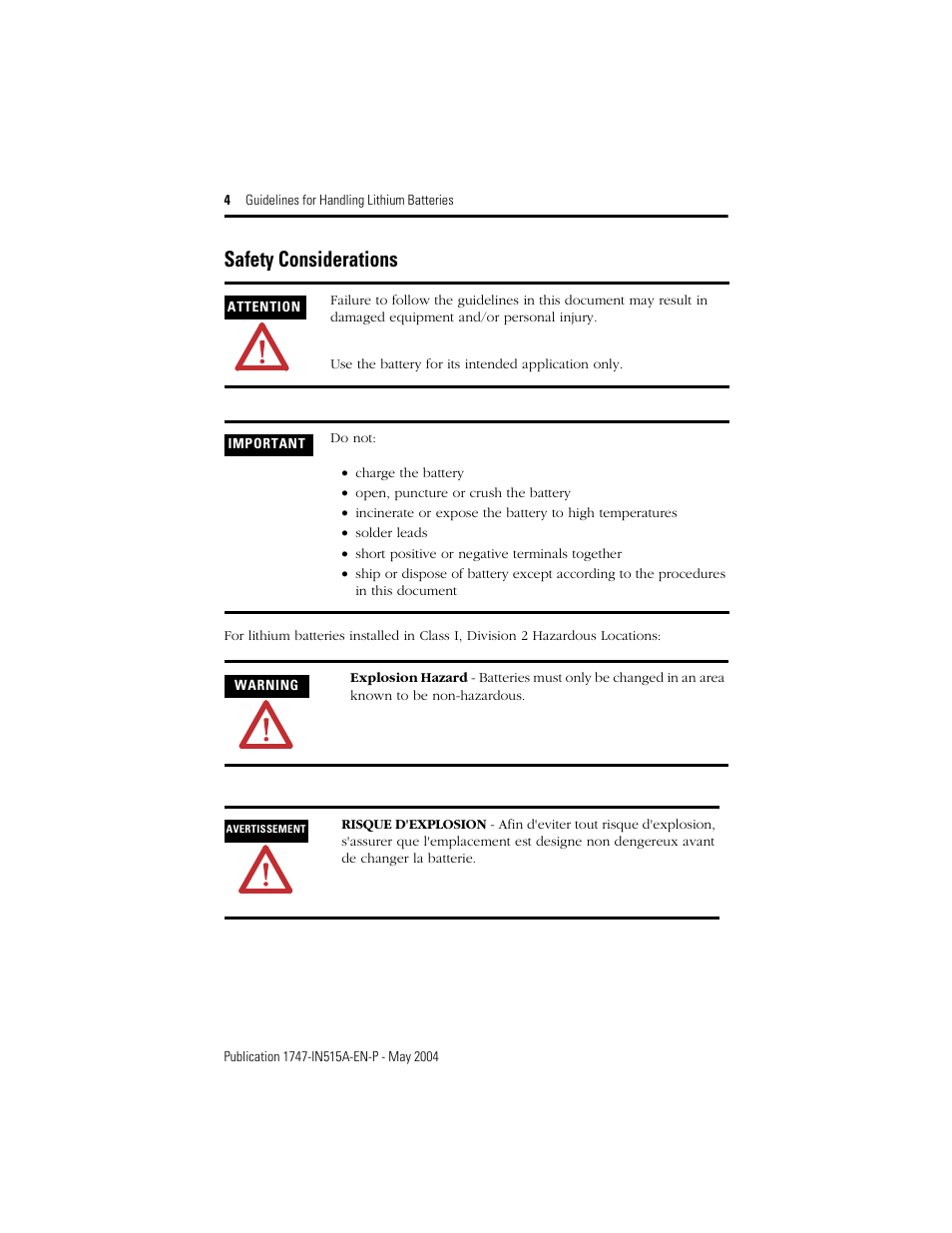 Safety considerations | Rockwell Automation 1747-BA SLC 500 Lithium Battery User Manual | Page 4 / 12