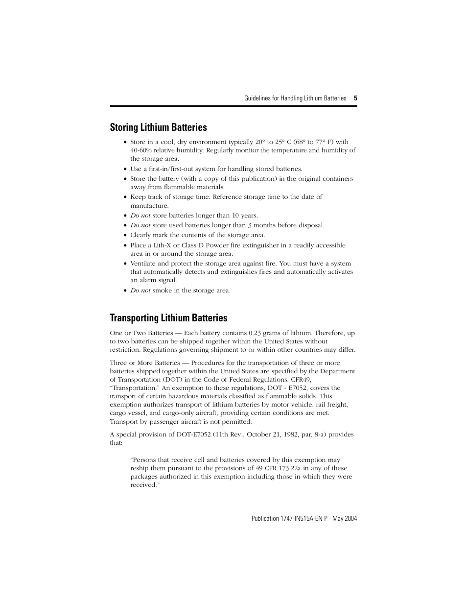 Storing lithium batteries, Transporting lithium batteries | Rockwell Automation 1747-BA SLC 500 Lithium Battery User Manual | Page 5 / 12
