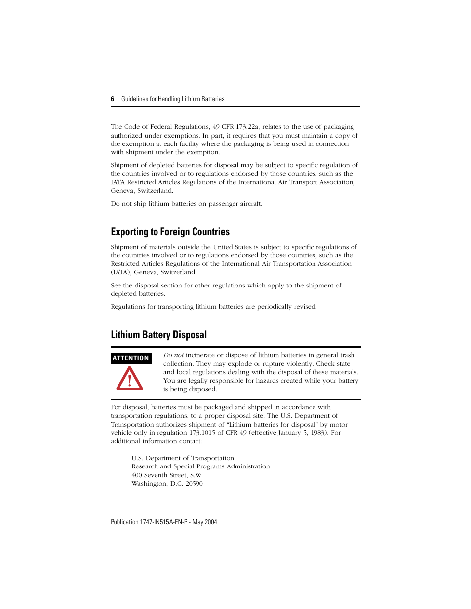 Exporting to foreign countries, Lithium battery disposal | Rockwell Automation 1747-BA SLC 500 Lithium Battery User Manual | Page 6 / 12