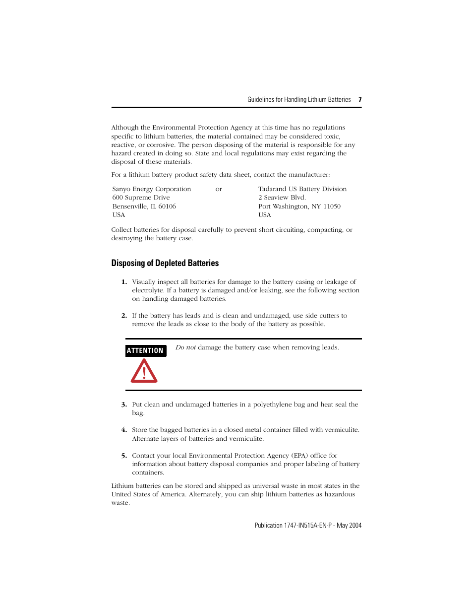 Disposing of depleted batteries | Rockwell Automation 1747-BA SLC 500 Lithium Battery User Manual | Page 7 / 12