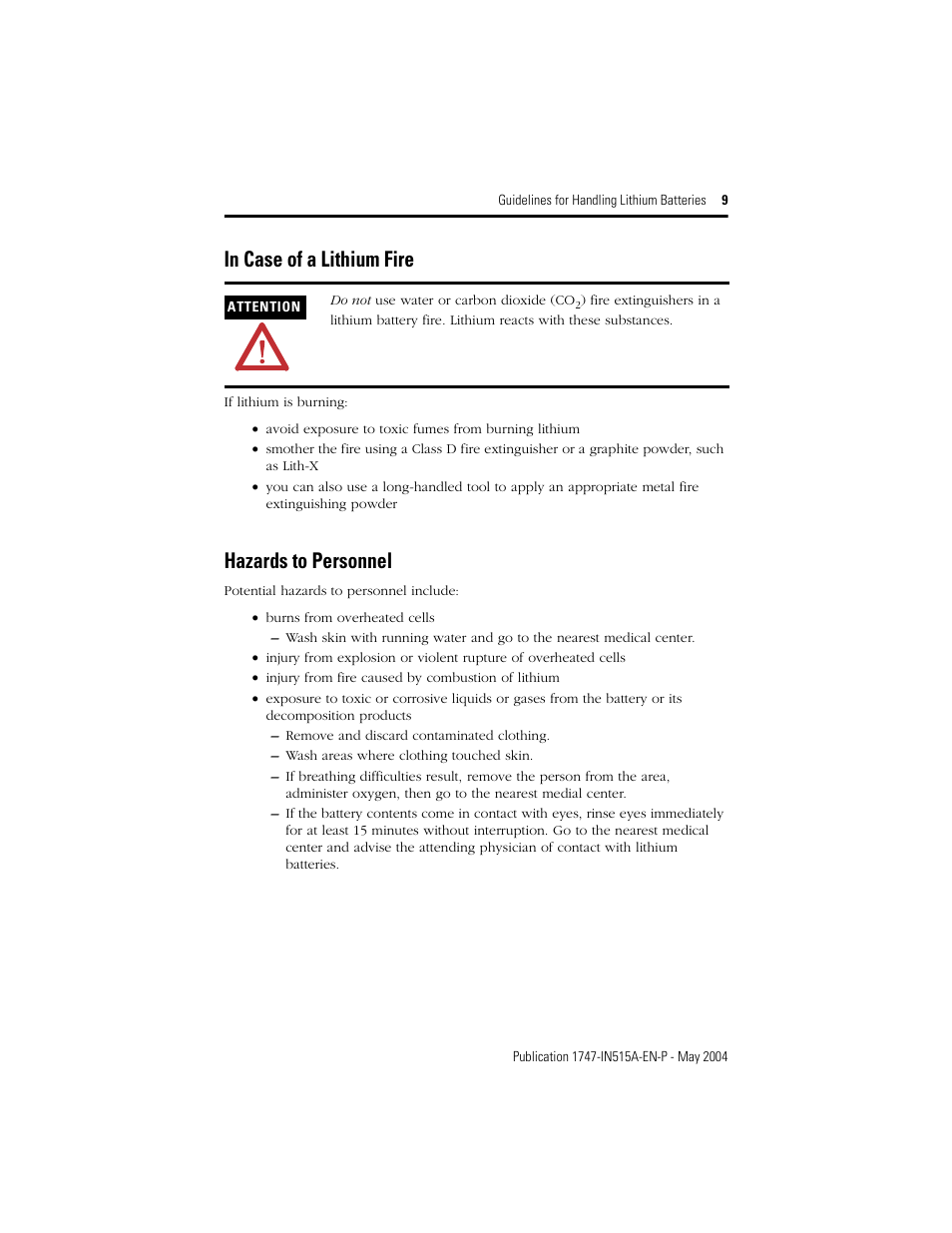 In case of a lithium fire, Hazards to personnel | Rockwell Automation 1747-BA SLC 500 Lithium Battery User Manual | Page 9 / 12