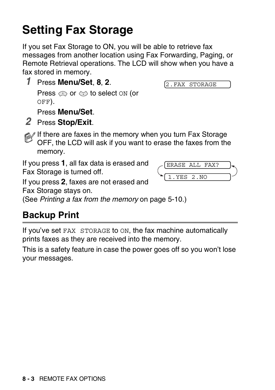 Setting fax storage, Backup print, Setting fax storage -3 | Backup print -3 | Brother FAX-565 User Manual | Page 102 / 148