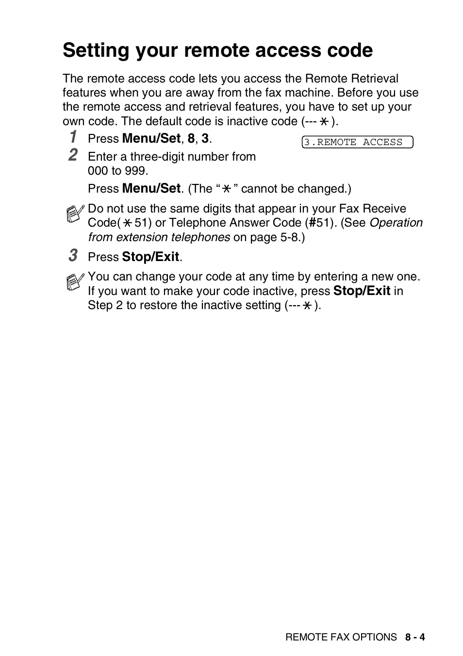 Setting your remote access code, Setting your remote access code -4 | Brother FAX-565 User Manual | Page 103 / 148