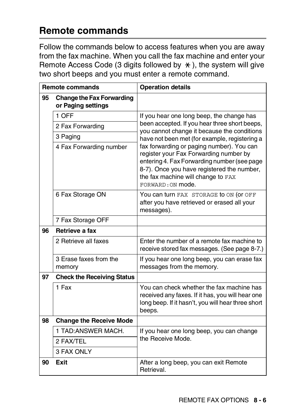 Remote commands, Remote commands -6 | Brother FAX-565 User Manual | Page 105 / 148