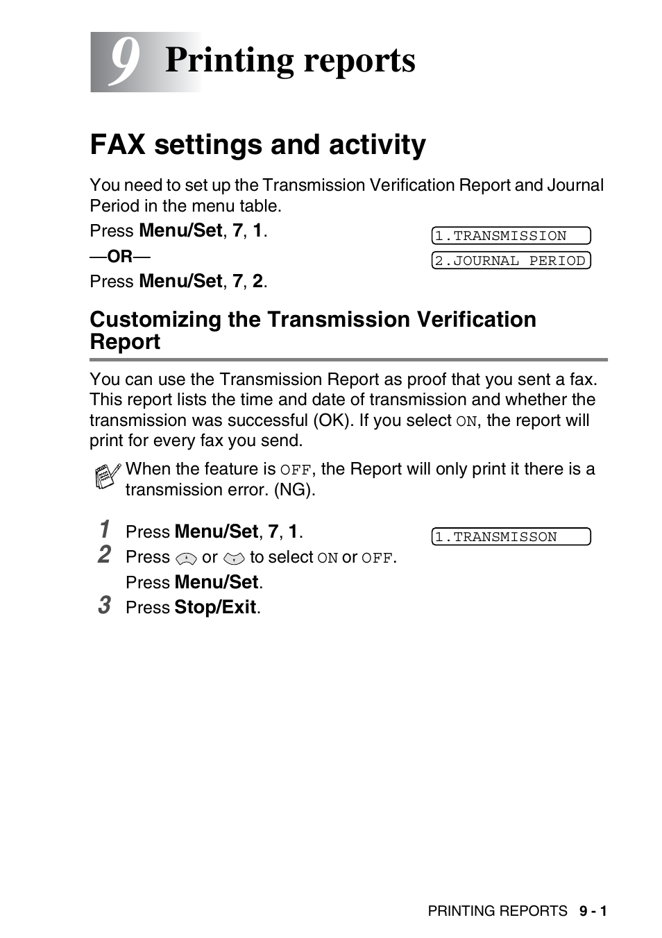 Printing reports, Fax settings and activity, Customizing the transmission verification report | Printing reports -1, Fax settings and activity -1 | Brother FAX-565 User Manual | Page 107 / 148