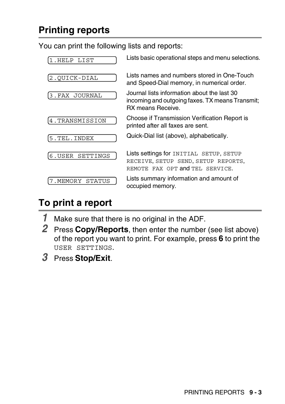 Printing reports, To print a report, Printing reports -3 to print a report -3 | Brother FAX-565 User Manual | Page 109 / 148