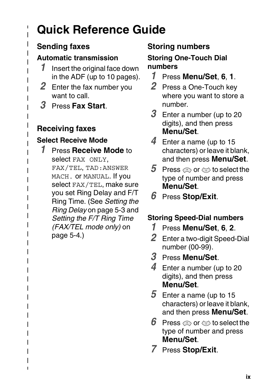 Quick reference guide, Sending faxes, Receiving faxes | Storing numbers | Brother FAX-565 User Manual | Page 11 / 148