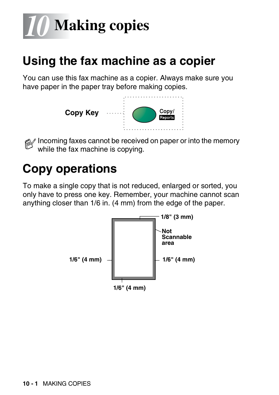 Making copies, Using the fax machine as a copier, Copy operations | Making copies -1 | Brother FAX-565 User Manual | Page 110 / 148