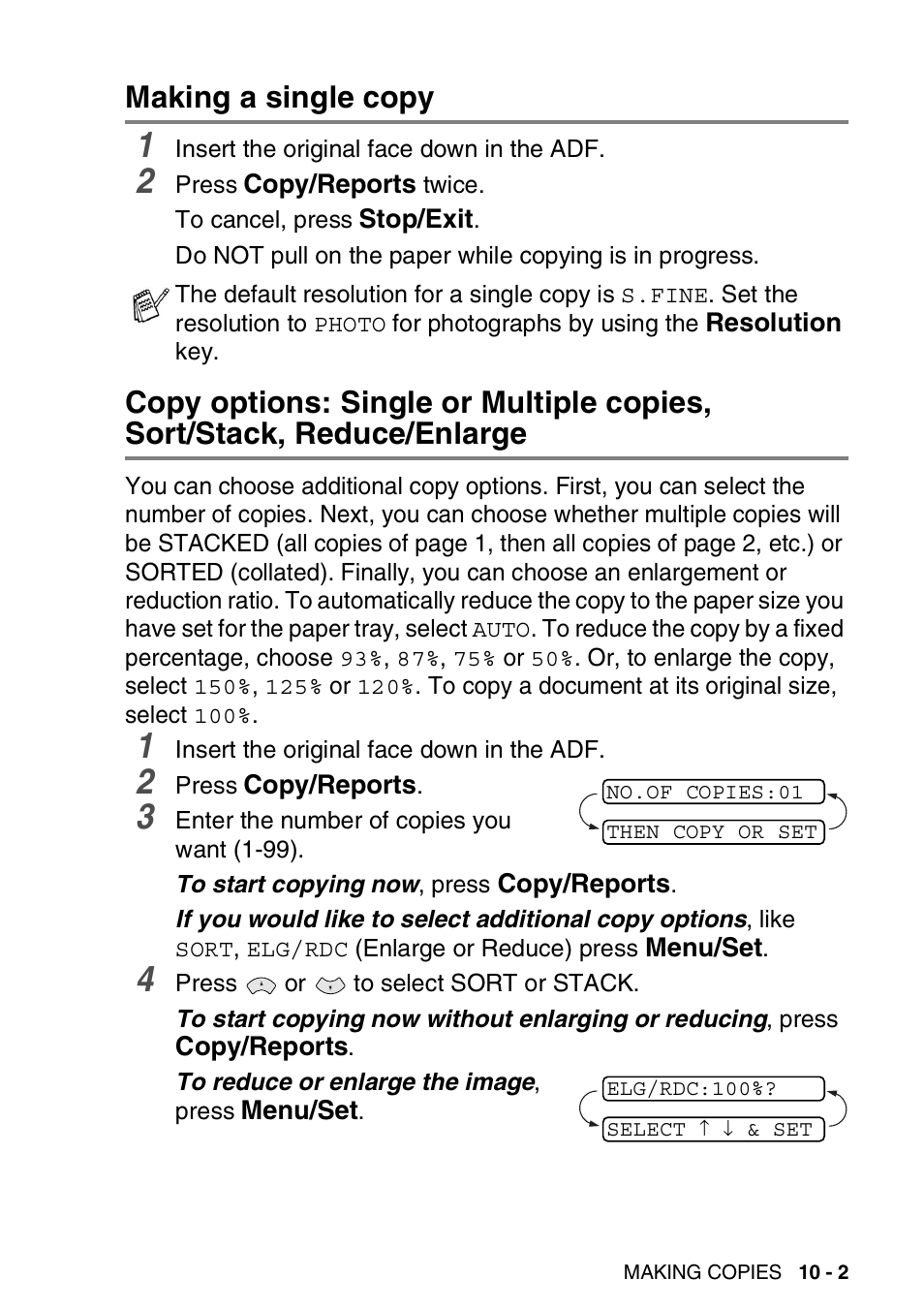 Making a single copy, Reduce/enlarge -2 | Brother FAX-565 User Manual | Page 111 / 148