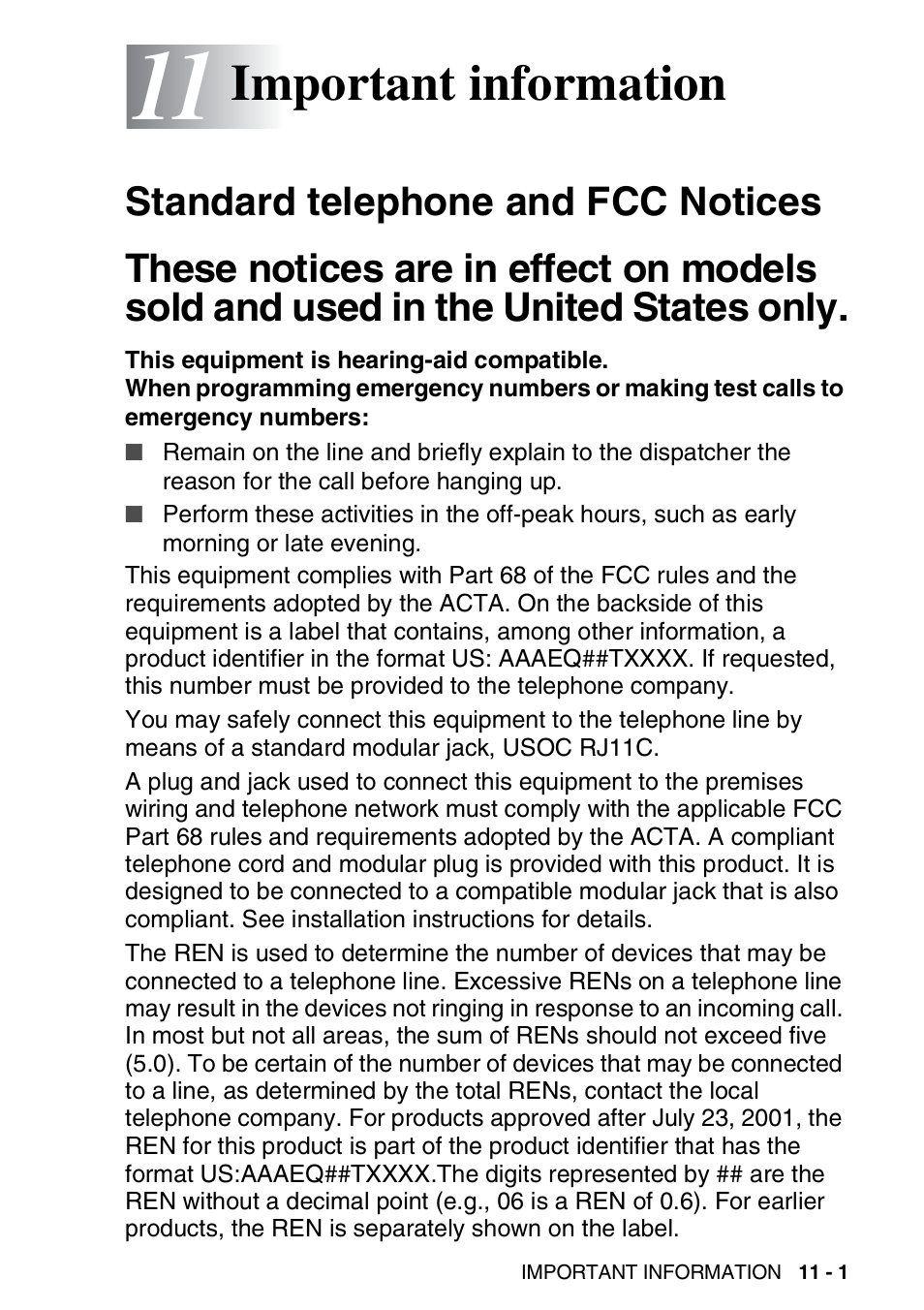 Important information, Standard telephone and fcc notices, Important information -1 | Used in the united states only -1 | Brother FAX-565 User Manual | Page 113 / 148