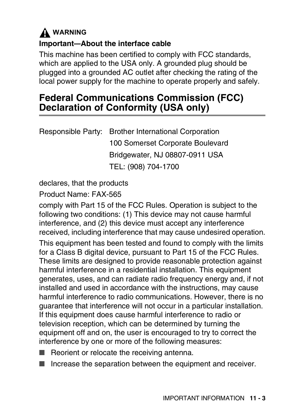 Federal communications commission (fcc), Declaration of conformity (usa only) -3 | Brother FAX-565 User Manual | Page 115 / 148