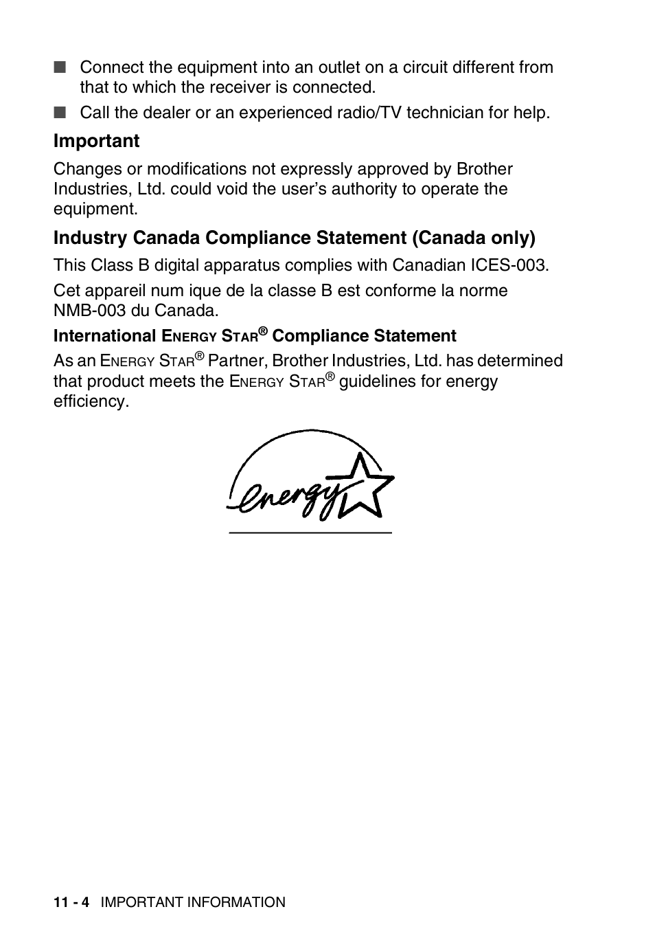 Important, Industry canada compliance statement (canada only), Important -4 industry canada compliance statement | Canada only) -4 | Brother FAX-565 User Manual | Page 116 / 148