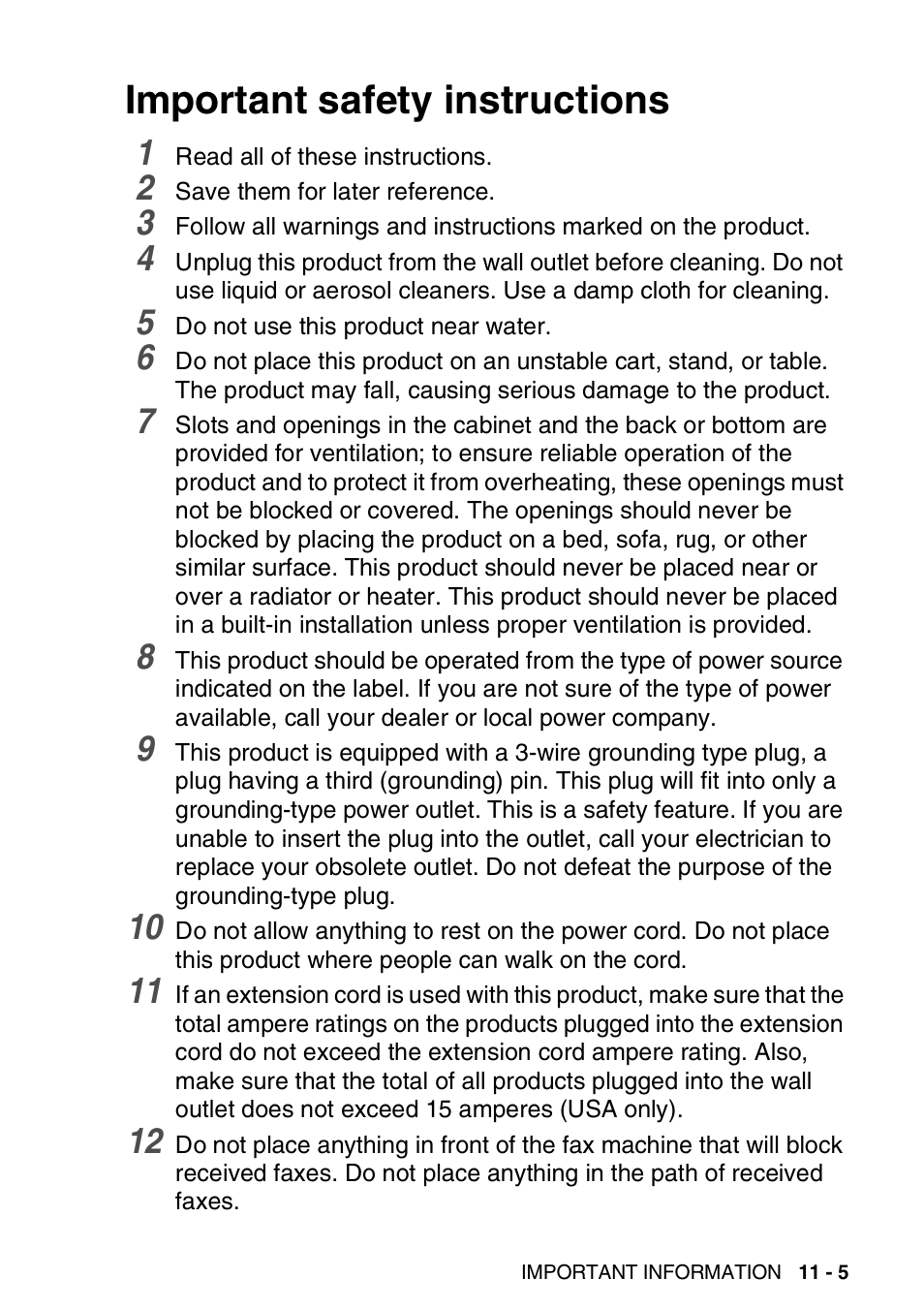 Important safety instructions, Important safety instructions -5 | Brother FAX-565 User Manual | Page 117 / 148