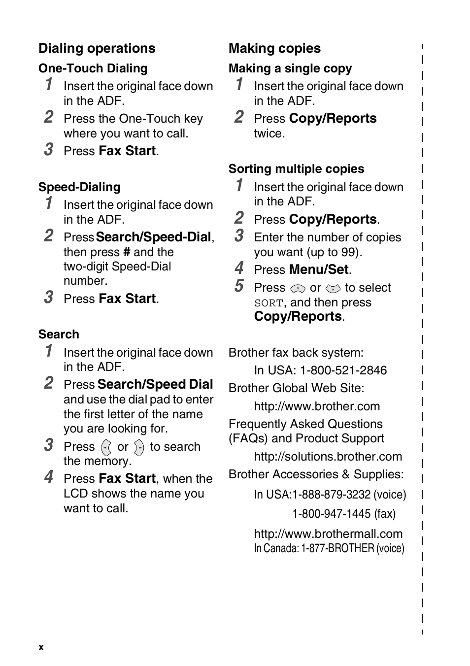 Dialing operations, Making copies | Brother FAX-565 User Manual | Page 12 / 148