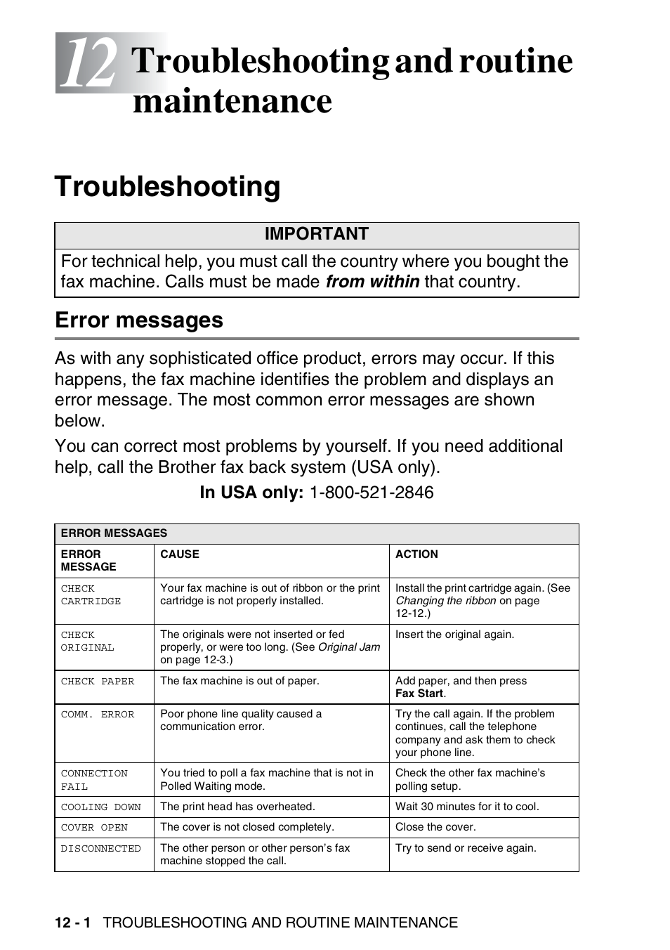 Troubleshooting and routine maintenance, Troubleshooting, Error messages | Troubleshooting and routine maintenance -1, Troubleshooting -1, Error messages -1 | Brother FAX-565 User Manual | Page 120 / 148