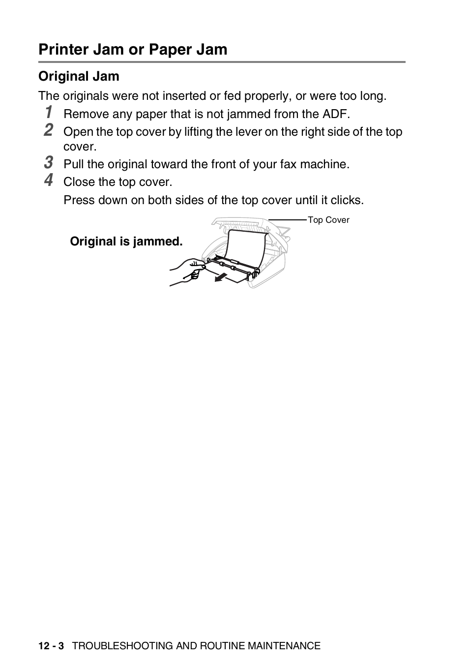 Printer jam or paper jam, Original jam, Printer jam or paper jam -3 | Original jam -3 | Brother FAX-565 User Manual | Page 122 / 148