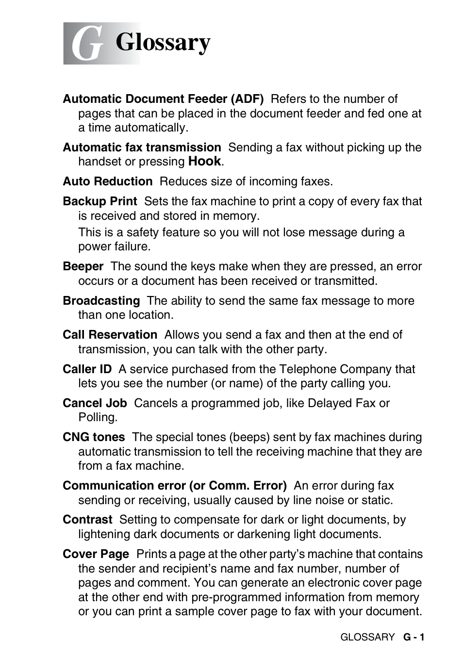 Glossary | Brother FAX-565 User Manual | Page 135 / 148