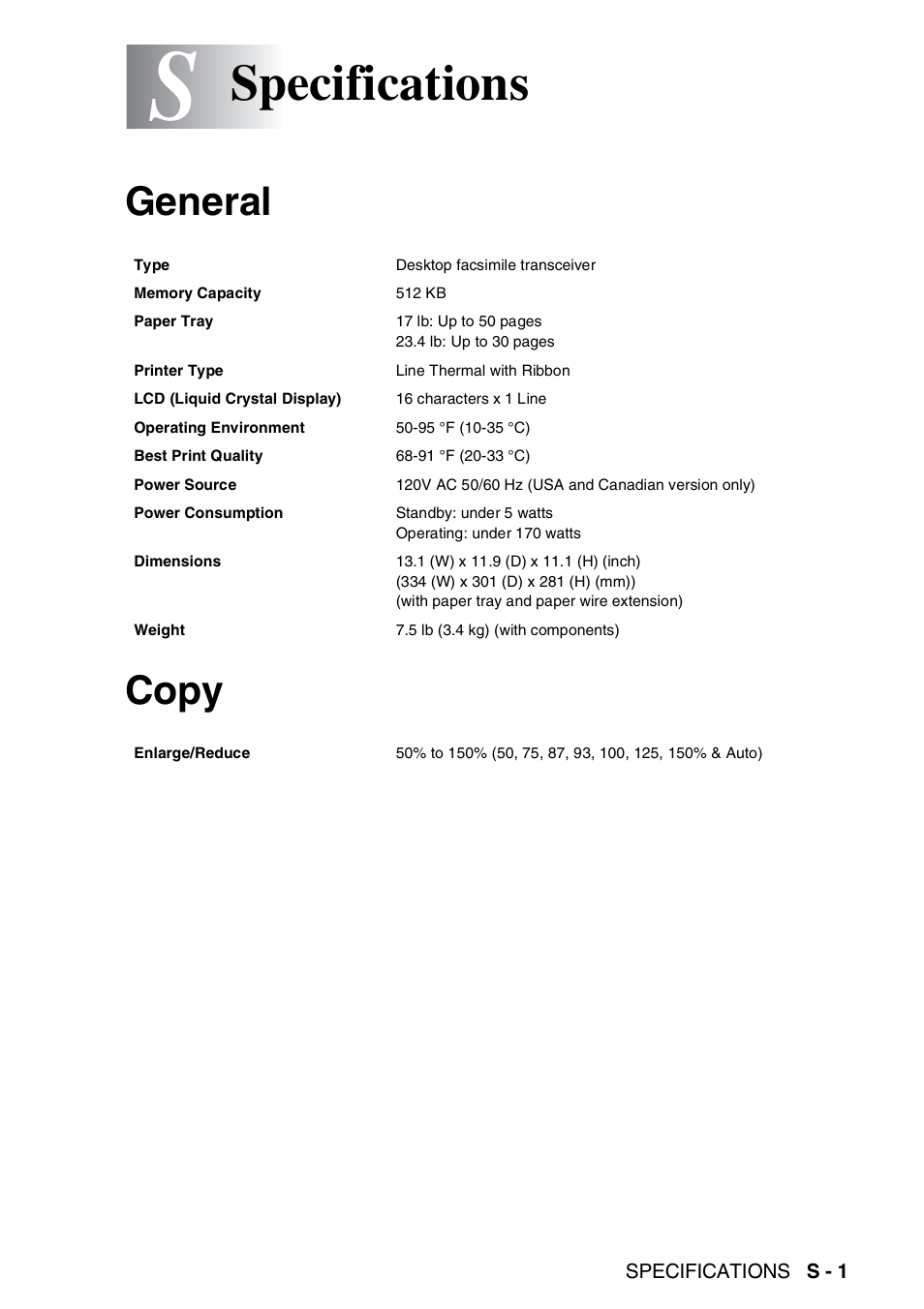 Specifications, General, Copy | General copy | Brother FAX-565 User Manual | Page 139 / 148