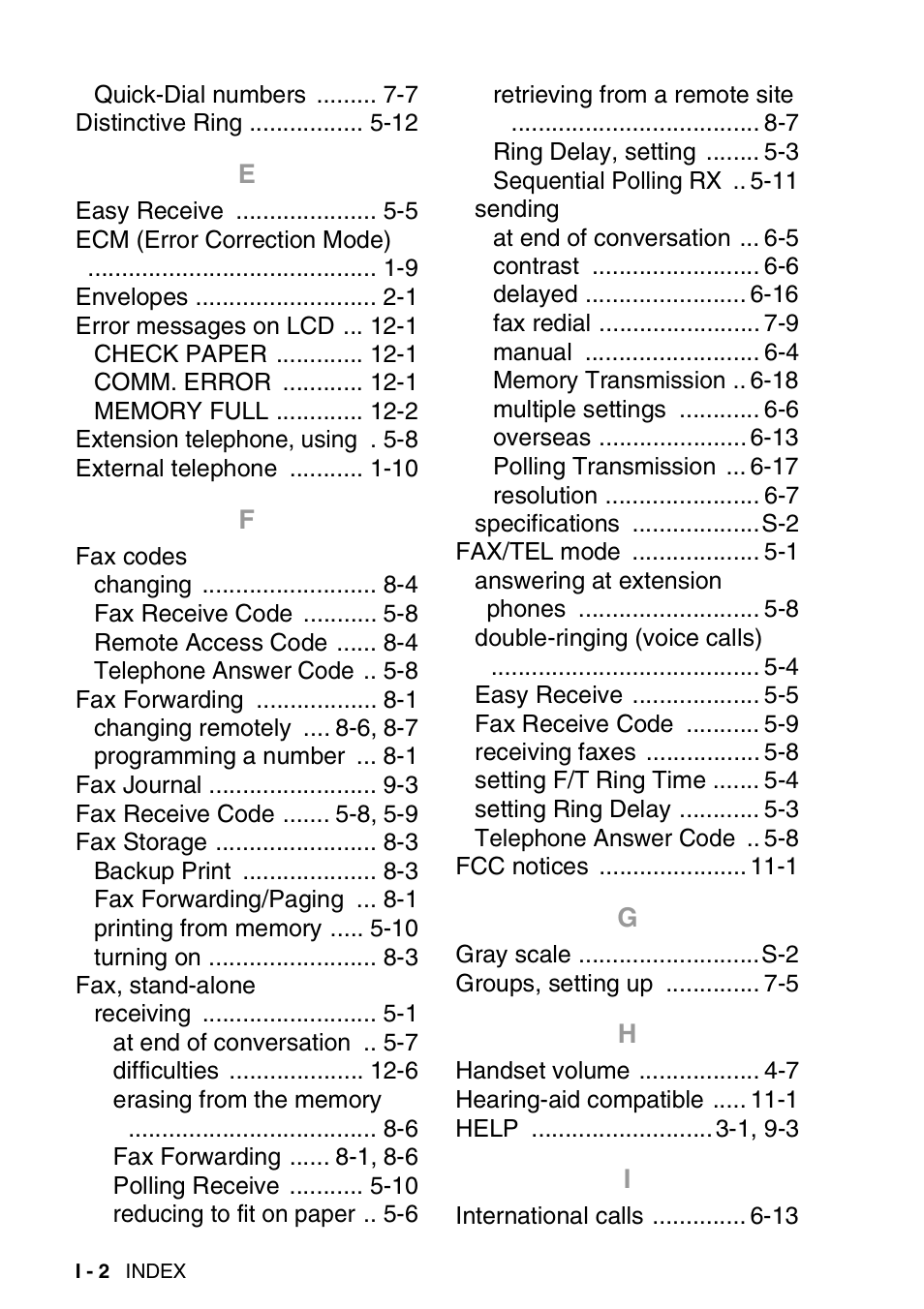 Distinctive ring 5-12, Easy receive 5-5, Ecm (error correction mode) 1-9 | Envelopes 2-1, Error messages on lcd 12-1, Extension telephone, using 5-8, External telephone 1-10, Fax codes, Fax forwarding 8-1, Fax journal 9-3 | Brother FAX-565 User Manual | Page 142 / 148