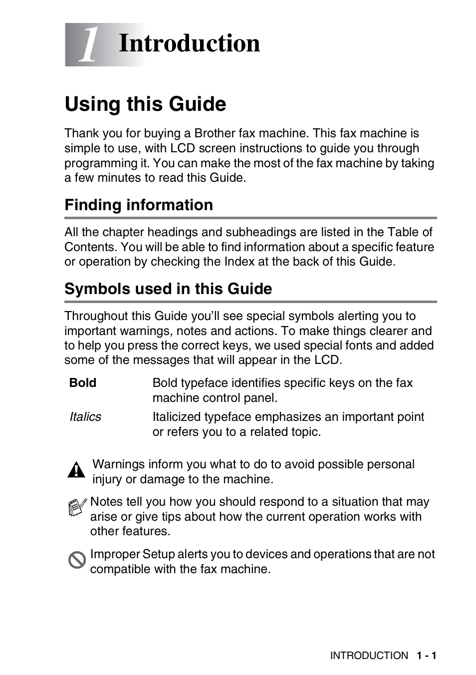 Introduction, Using this guide, Finding information | Symbols used in this guide | Brother FAX-565 User Manual | Page 19 / 148