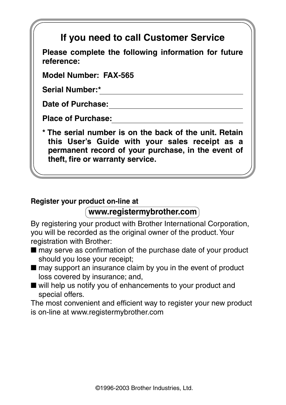 If you need to call customer service | Brother FAX-565 User Manual | Page 2 / 148