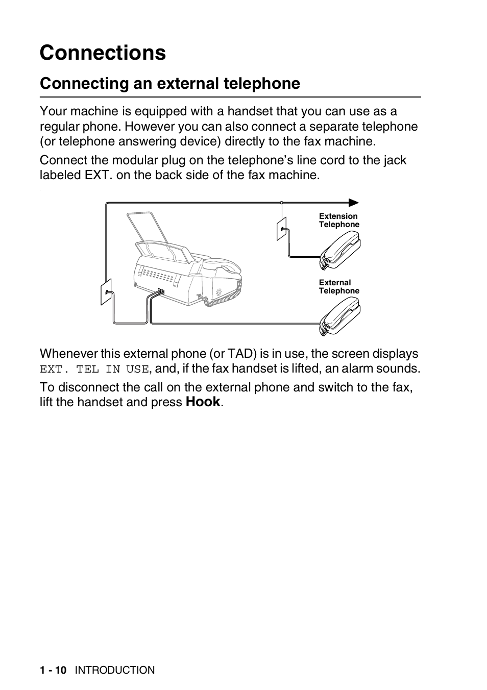 Connections, Connecting an external telephone, Hook | Brother FAX-565 User Manual | Page 28 / 148