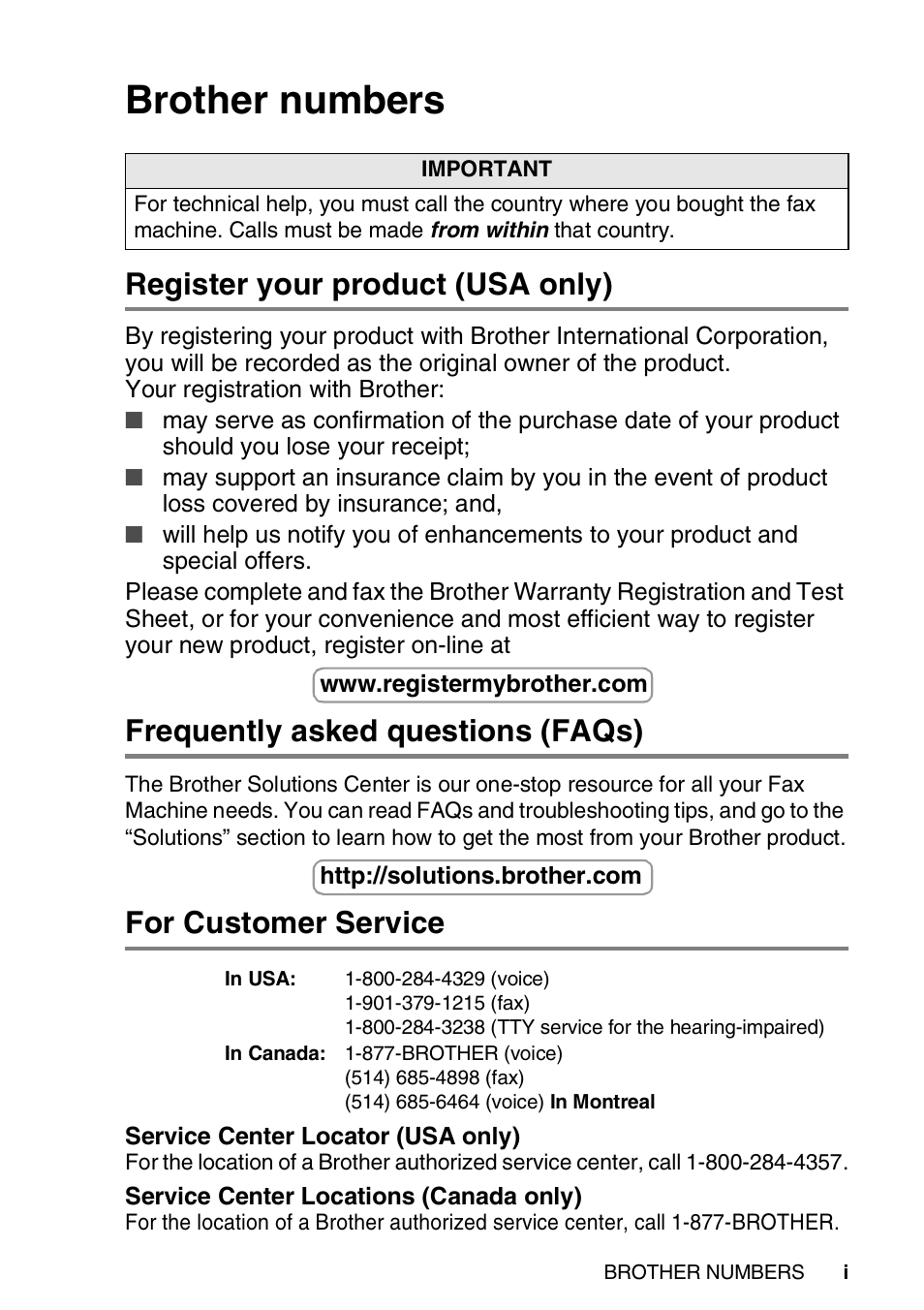 Brother numbers, Register your product (usa only), Frequently asked questions (faqs) | For customer service | Brother FAX-565 User Manual | Page 3 / 148