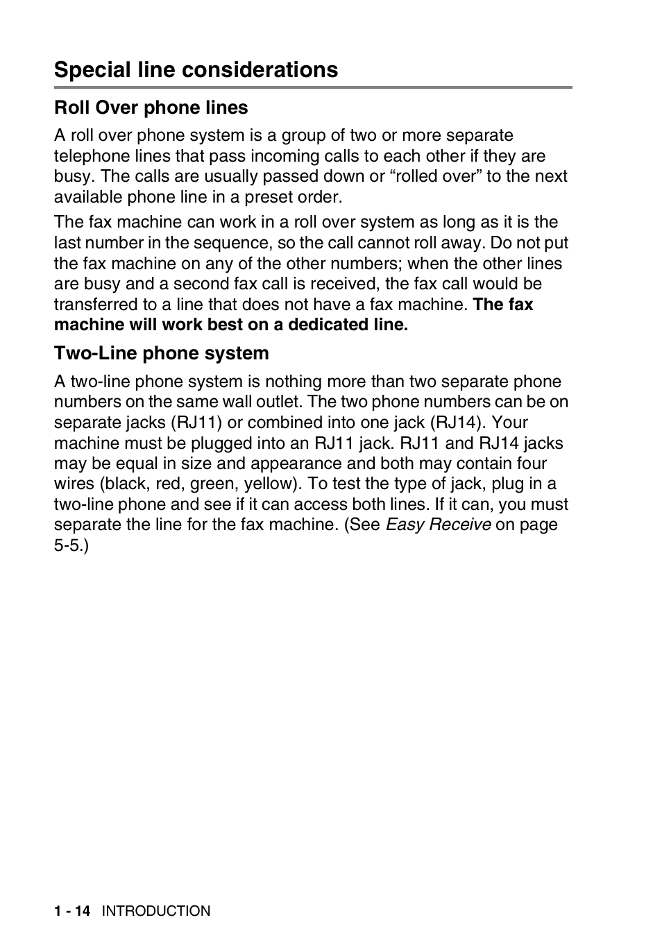 Special line considerations, Roll over phone lines, Two-line phone system | Brother FAX-565 User Manual | Page 32 / 148