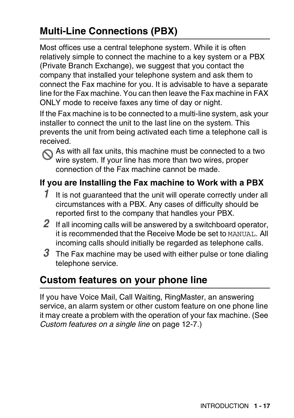 Multi-line connections (pbx), Custom features on your phone line | Brother FAX-565 User Manual | Page 35 / 148