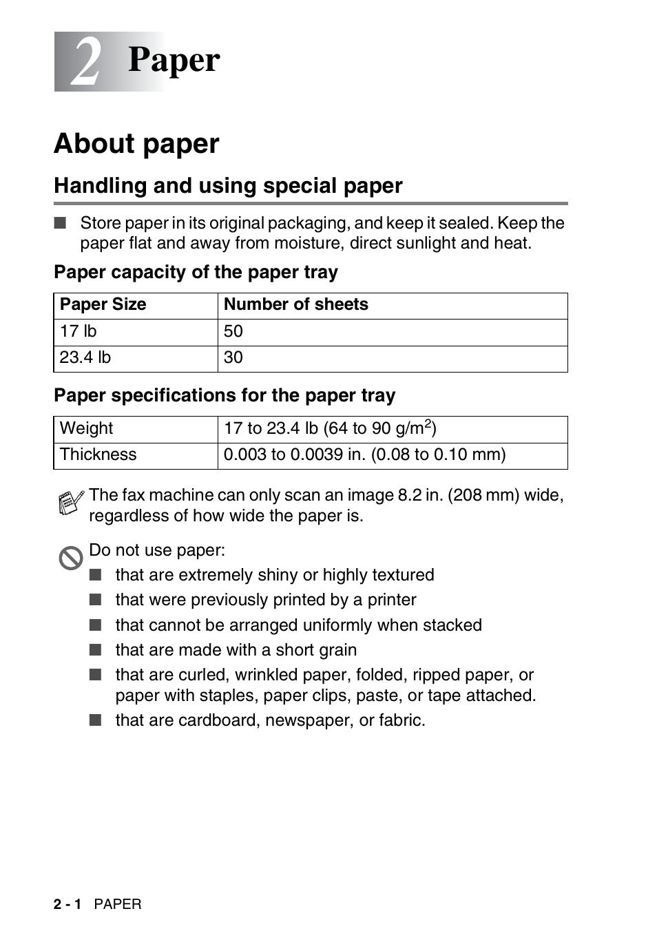 Paper, About paper, Handling and using special paper | Paper capacity of the paper tray, Paper specifications for the paper tray | Brother FAX-565 User Manual | Page 36 / 148