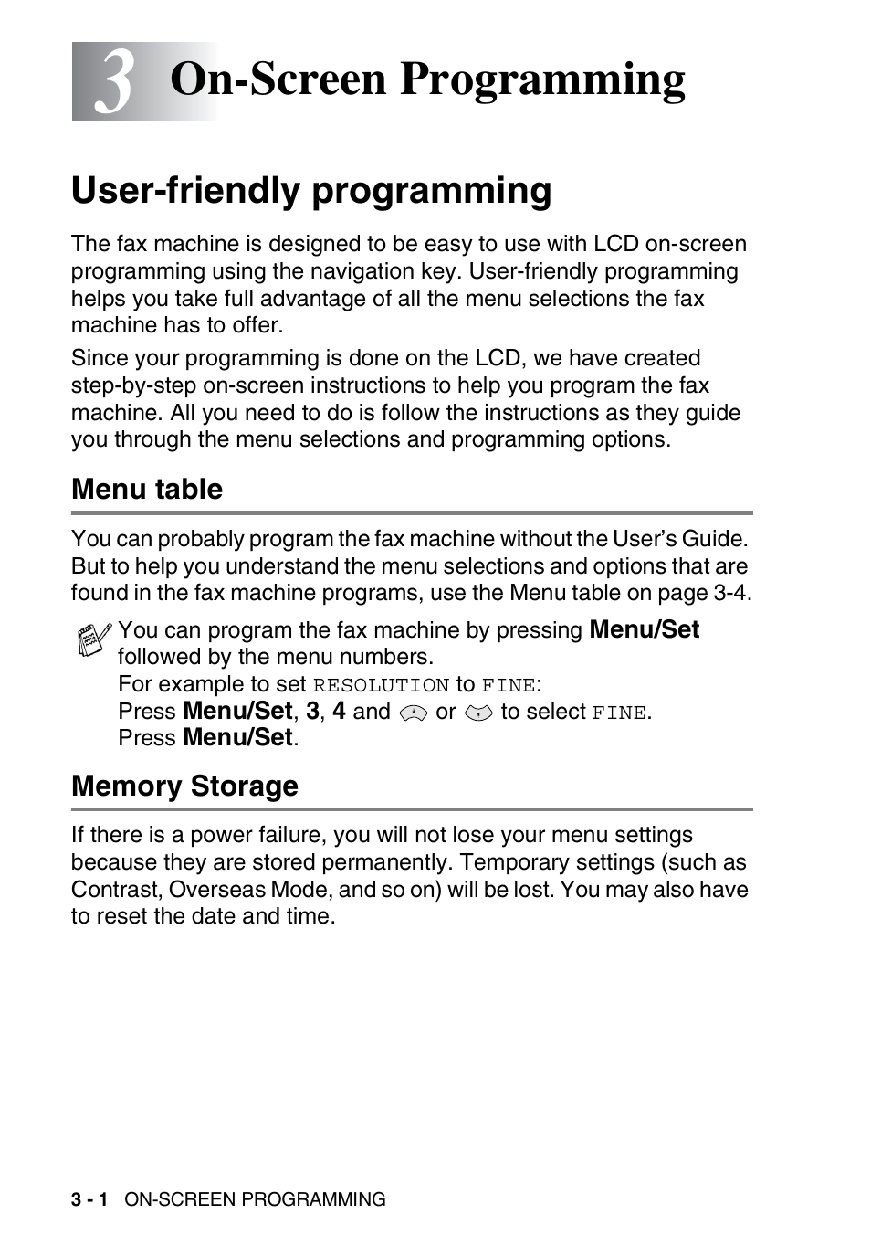 On-screen programming, User-friendly programming, Menu table | Memory storage | Brother FAX-565 User Manual | Page 38 / 148