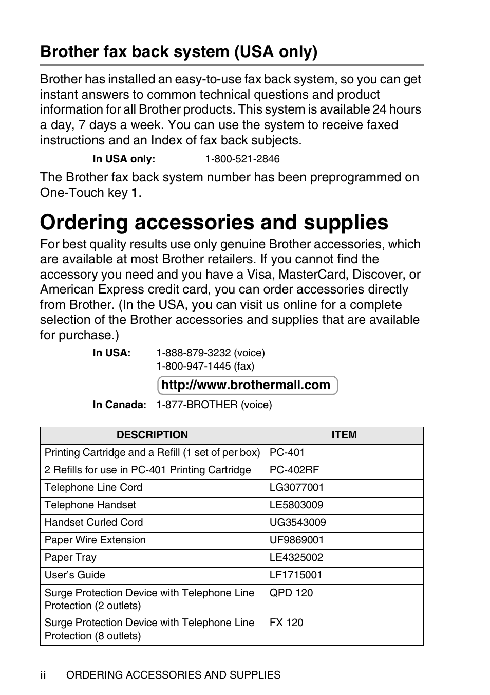 Brother fax back system (usa only), Ordering accessories and supplies | Brother FAX-565 User Manual | Page 4 / 148