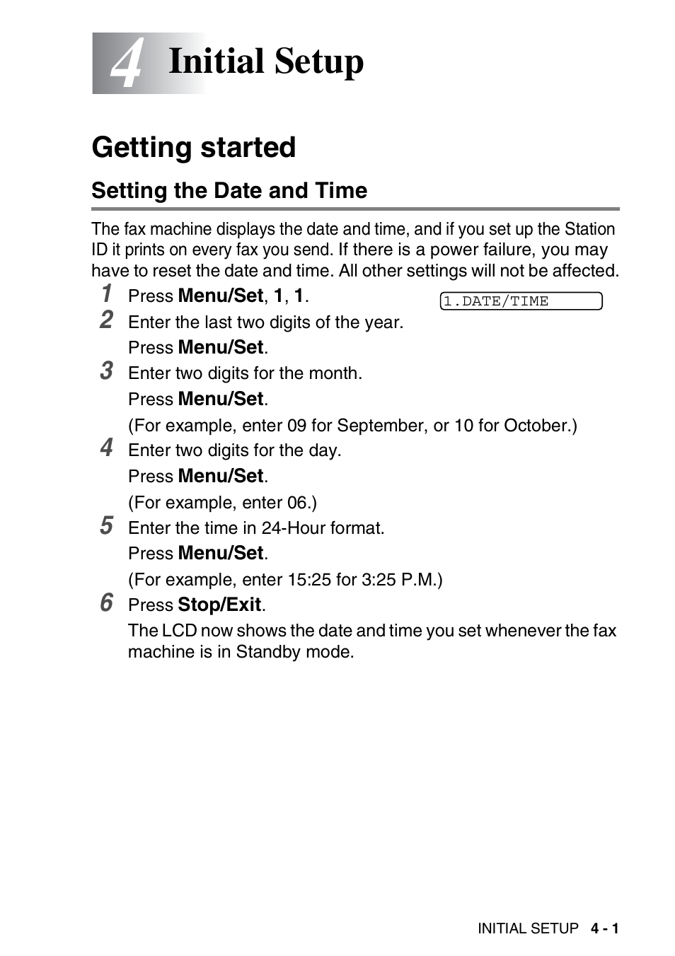 Initial setup, Getting started, Setting the date and time | Brother FAX-565 User Manual | Page 45 / 148