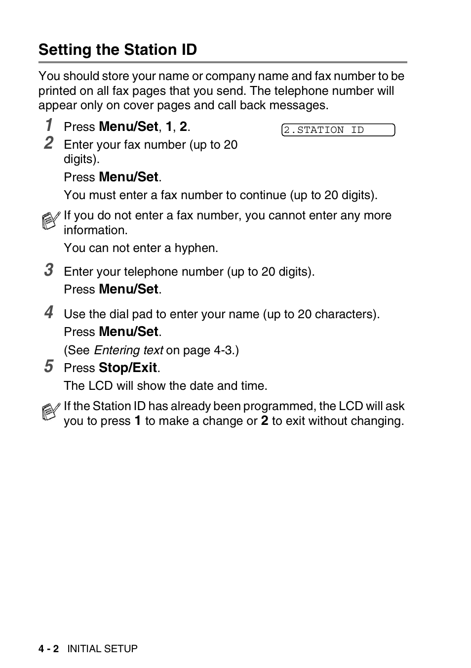 Setting the station id | Brother FAX-565 User Manual | Page 46 / 148