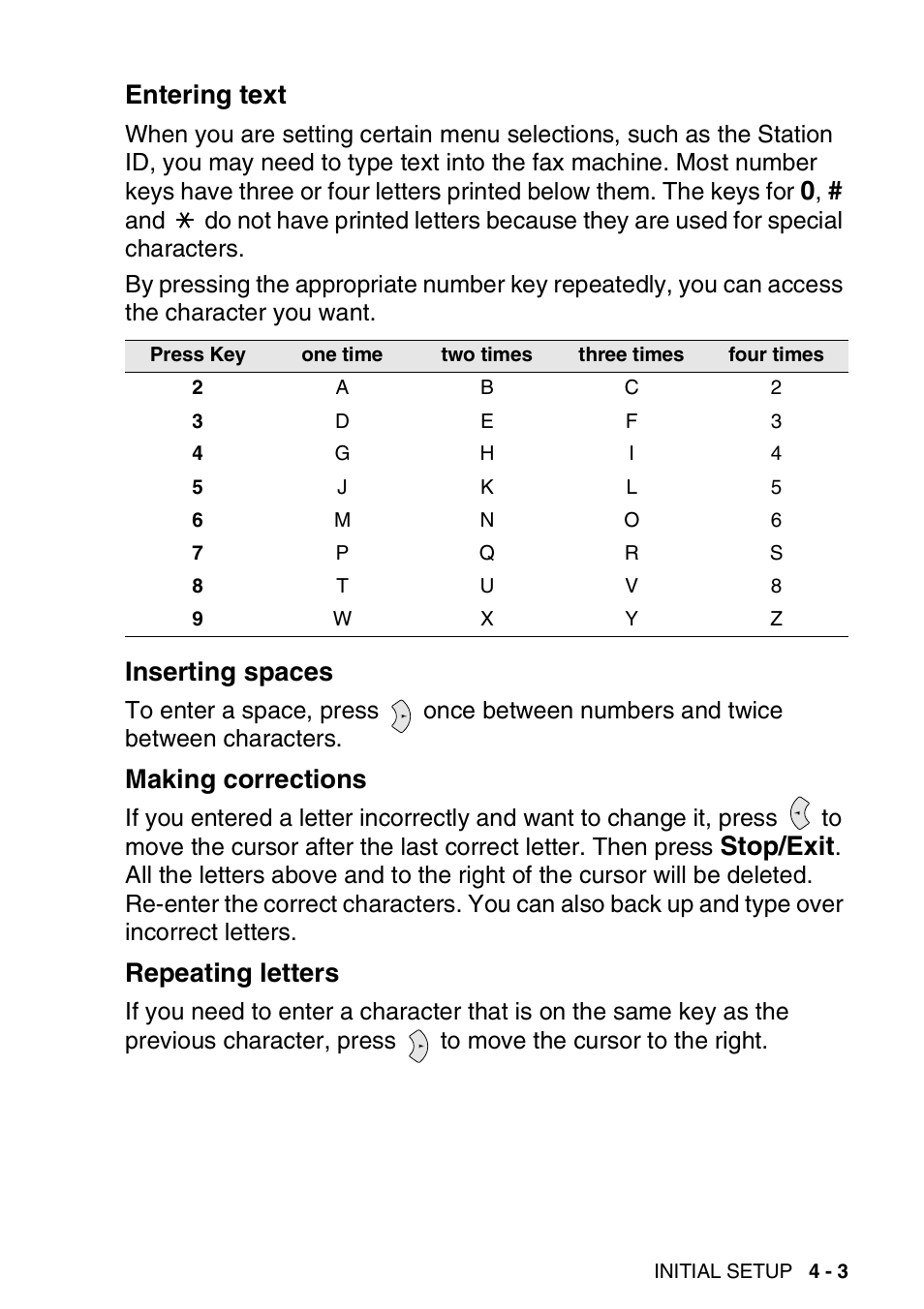 Entering text, Inserting spaces, Making corrections | Repeating letters, Stop/exit | Brother FAX-565 User Manual | Page 47 / 148