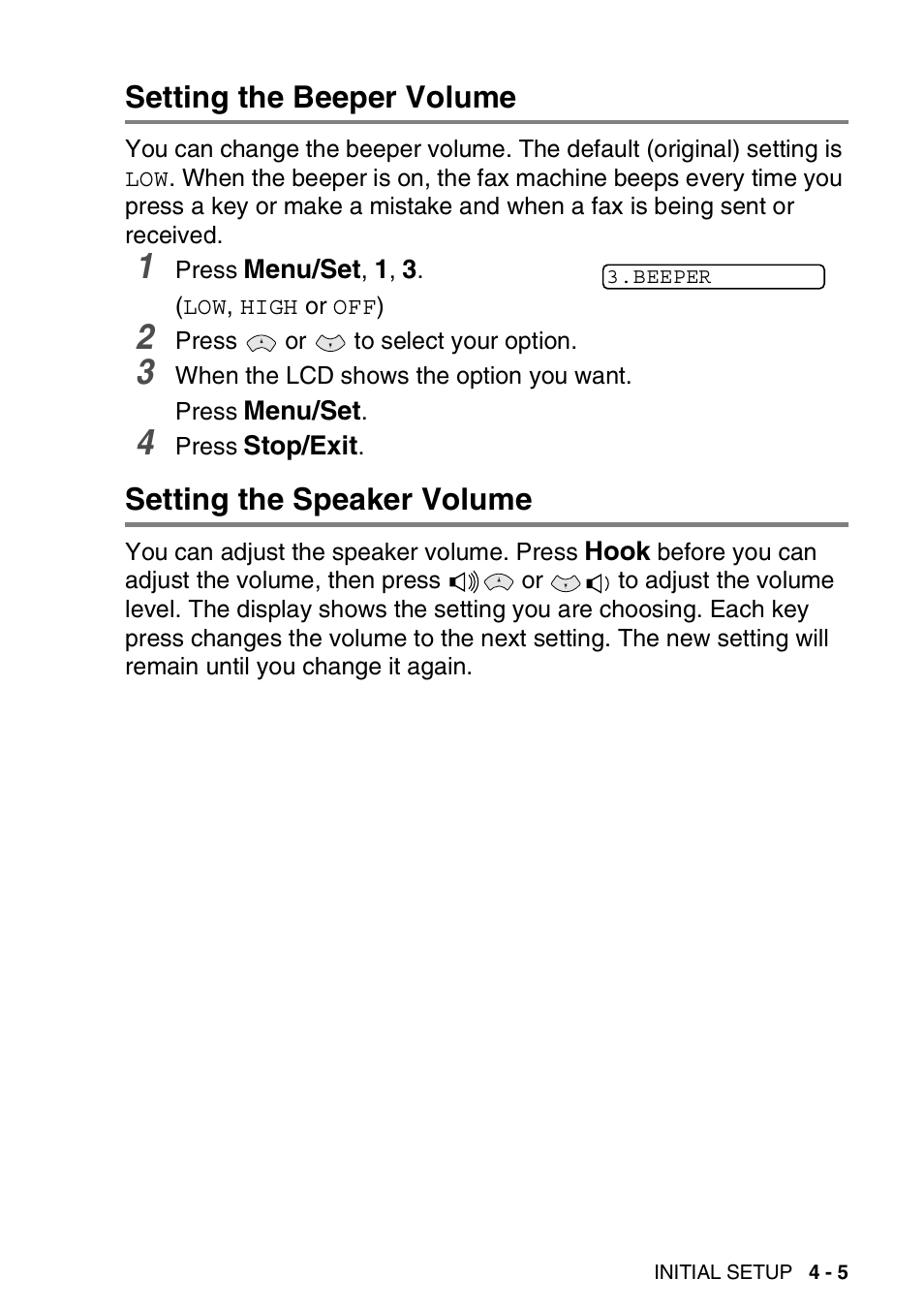 Setting the beeper volume, Setting the speaker volume | Brother FAX-565 User Manual | Page 49 / 148