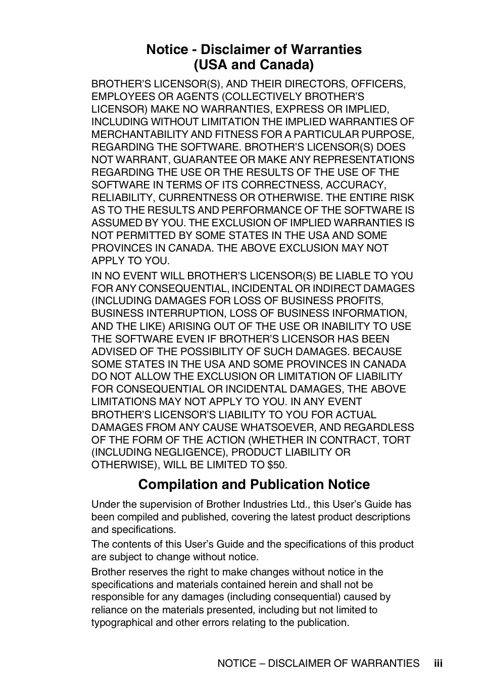 Notice - disclaimer of warranties (usa and canada), Compilation and publication notice | Brother FAX-565 User Manual | Page 5 / 148