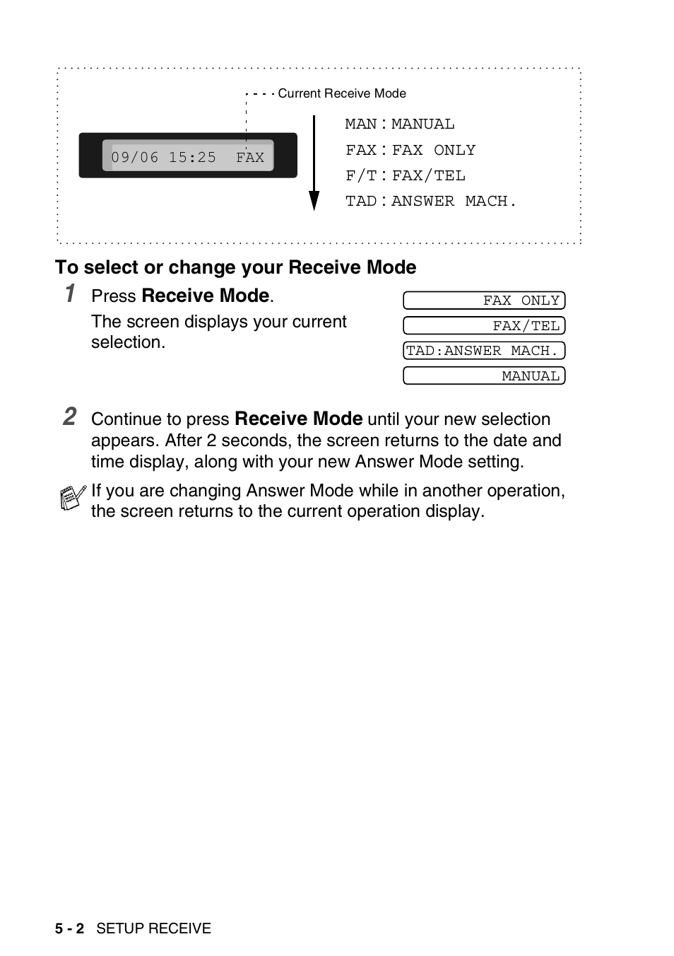 To select or change your receive mode | Brother FAX-565 User Manual | Page 54 / 148